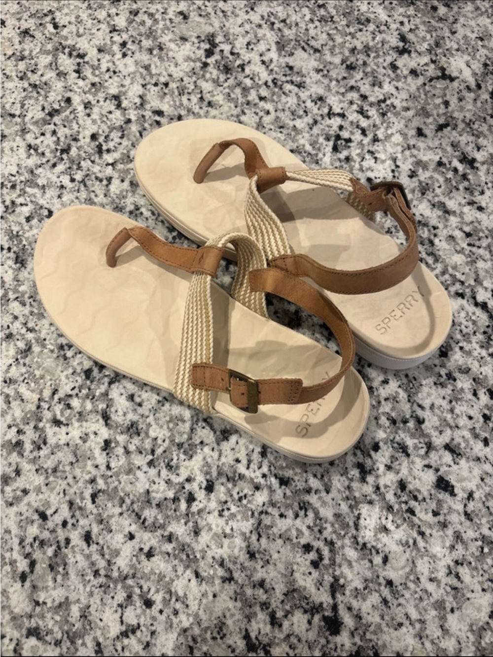 Sperry Tan Leather and Cream Braided Strap Thong Sandals